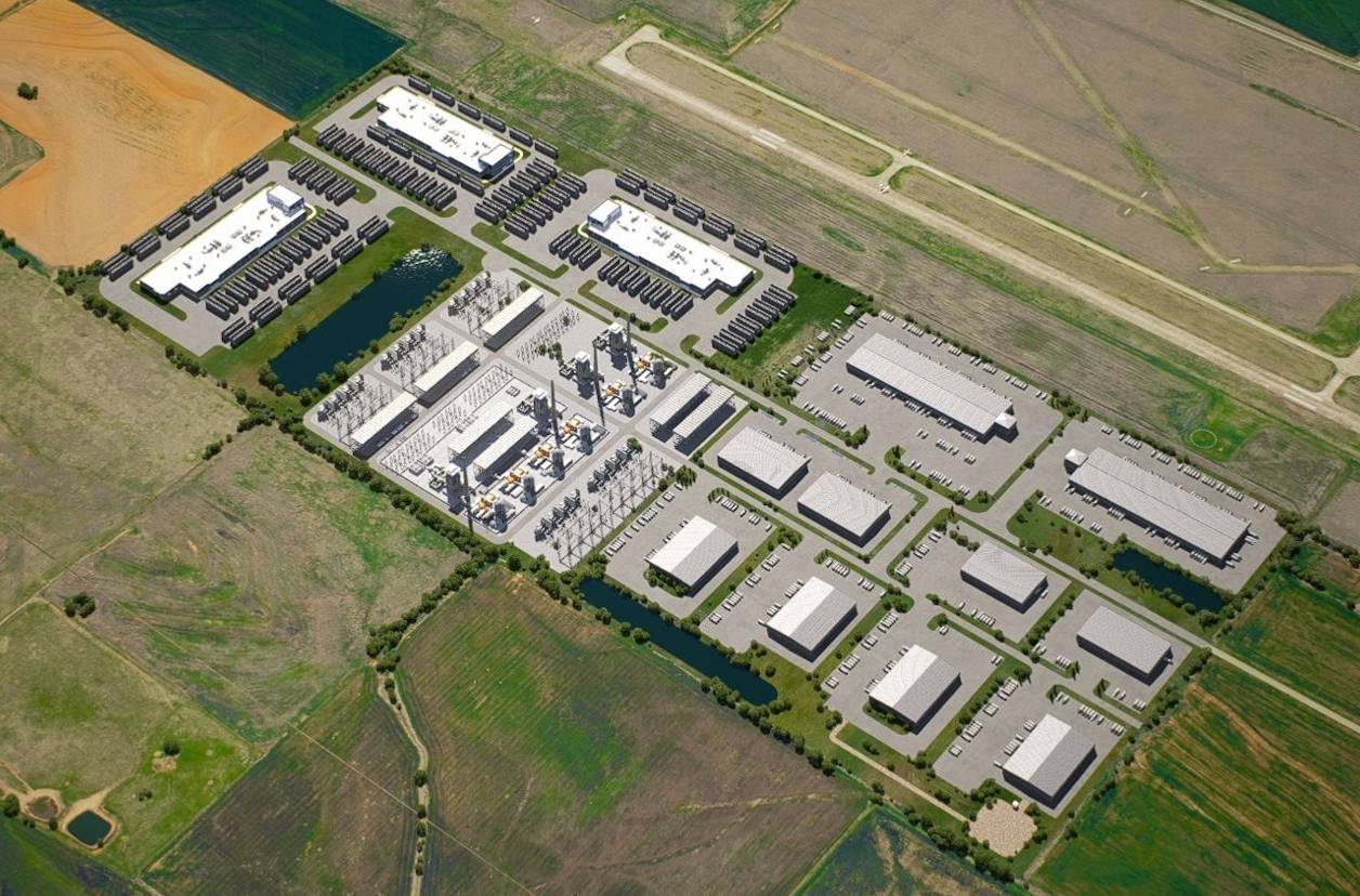 A digital render of the Chickasha Airport Industrial Park, showcasing differently sized industrial facilities and a power plant.